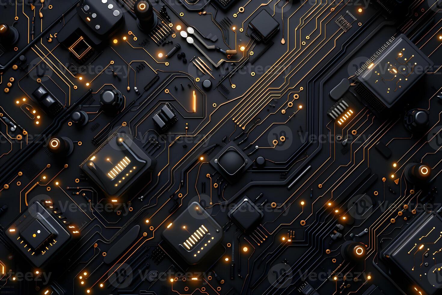 Close up of computer circuit board with various electronic components photo