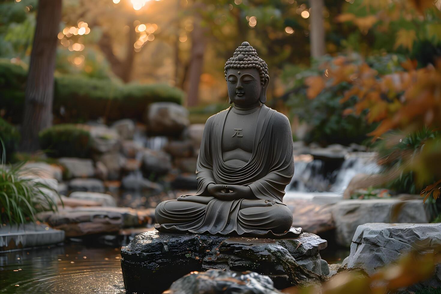 Buddha sculpture on stone in water photo