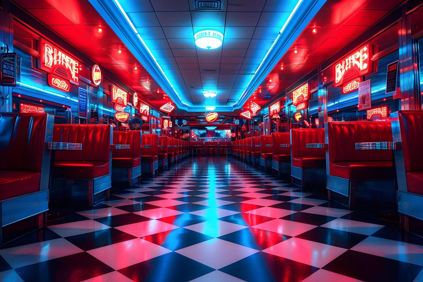 A view of a classic diner with red booths and neon signs photo