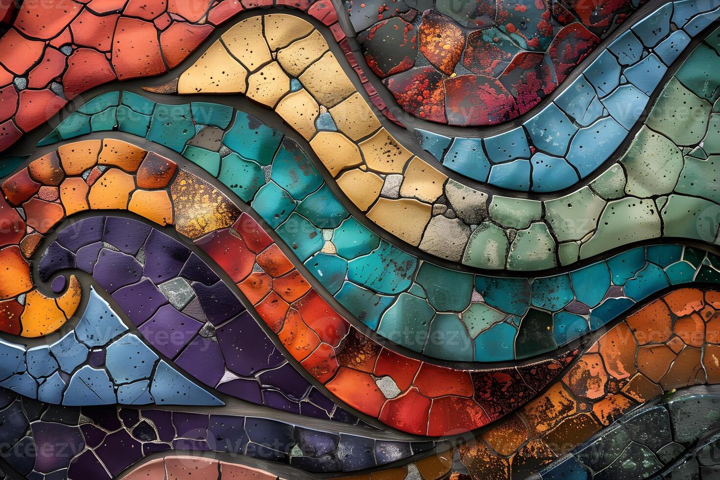 Close up of vibrant mosaic wall with undulating pattern photo