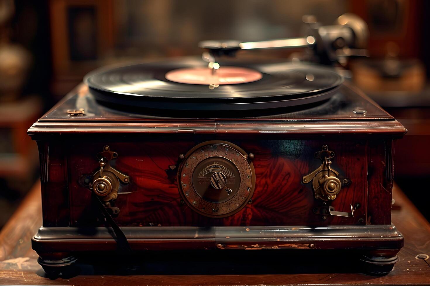 A wooden box with a record on top photo