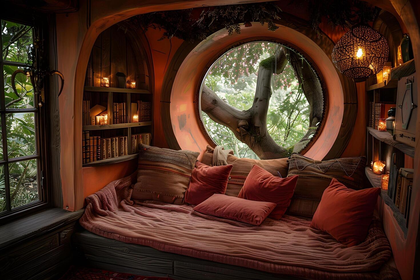 Bed with pillows and cushions in a room with a tree by the window photo