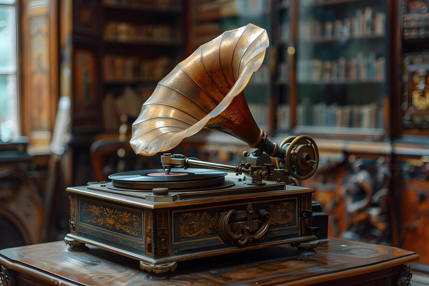 An old gramophone on table in room photo