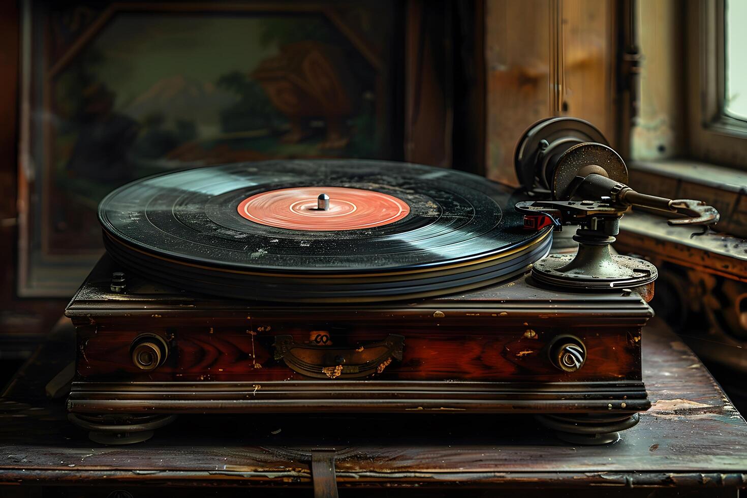 A record player on wooden table photo