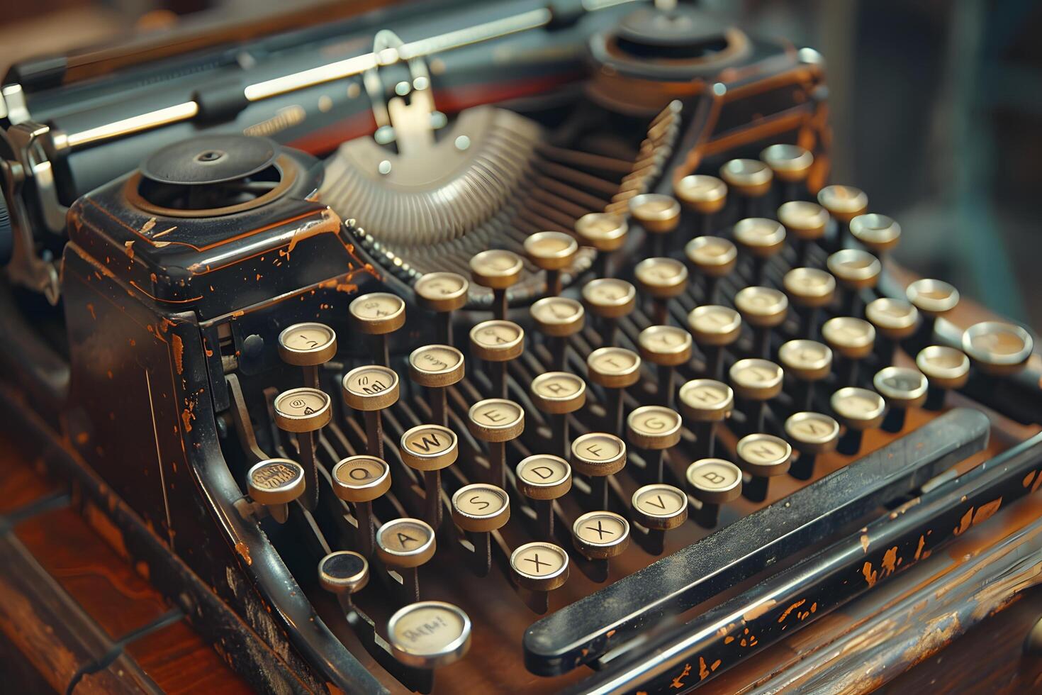 A typewriter closeup with numerous keys on a desk photo