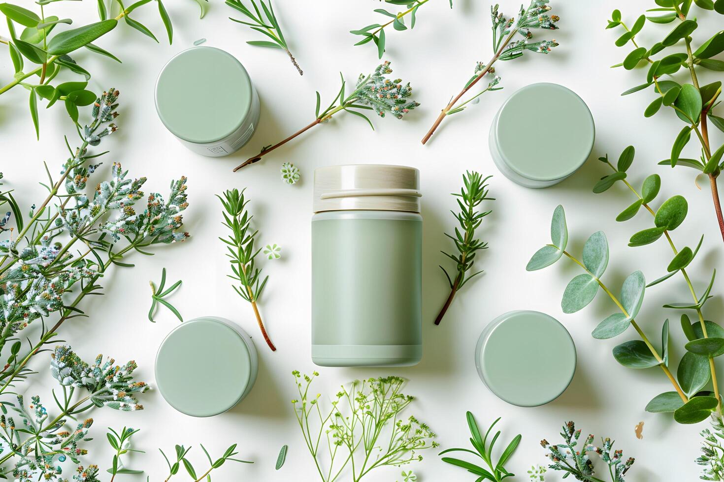 A green bottle of body lotion surrounded by various plants photo