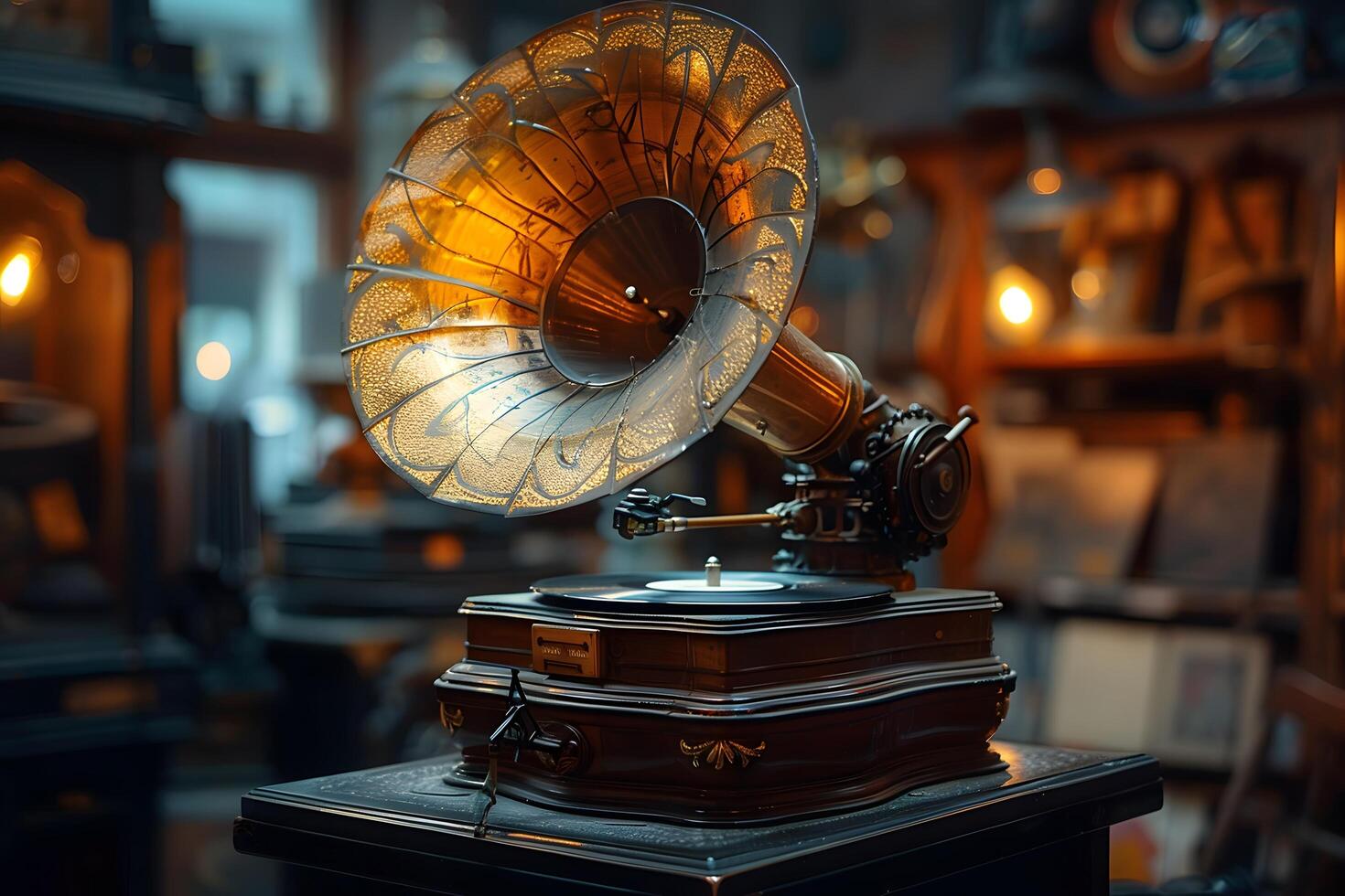 An old gramophone on a table in a room photo