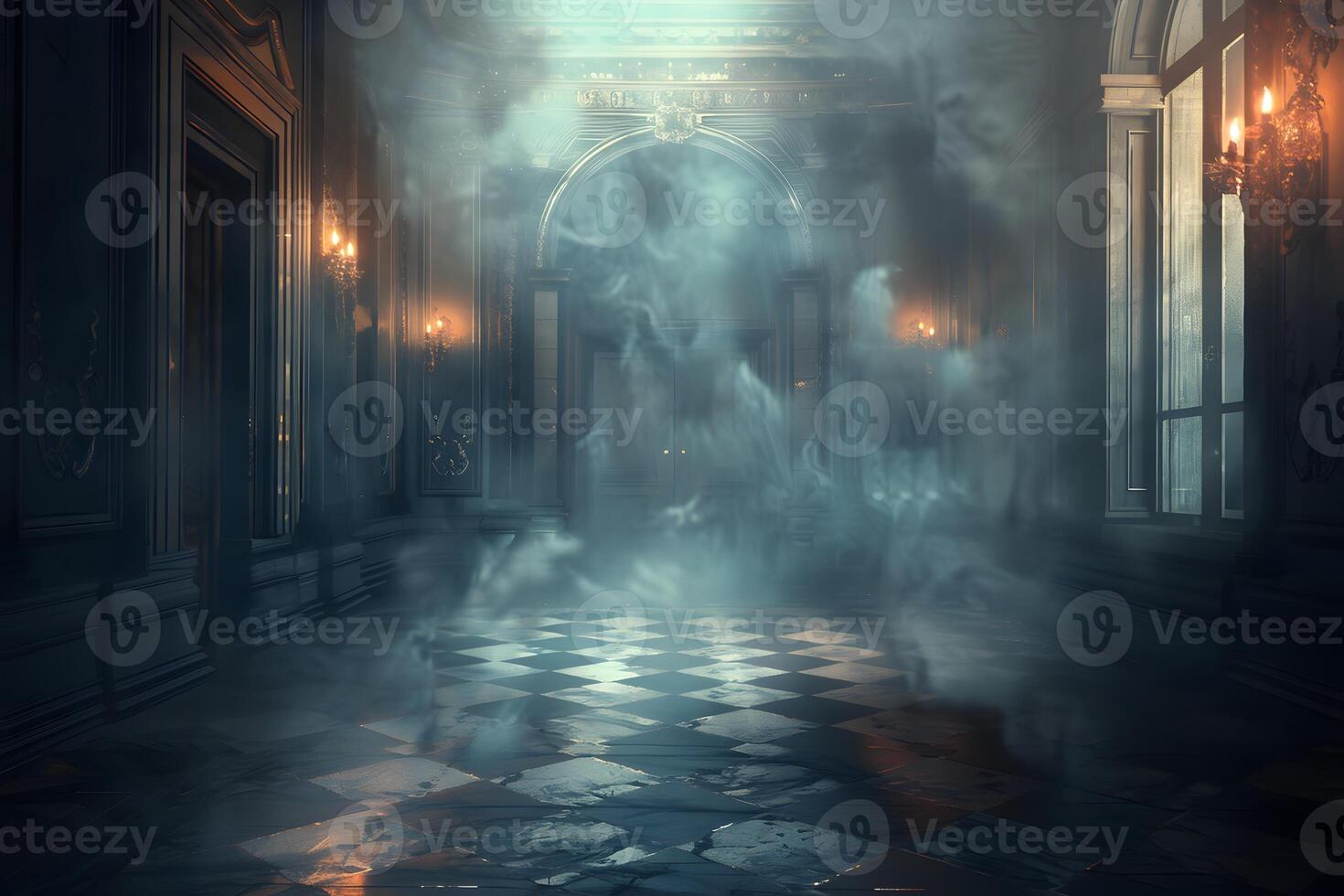 A room with a clock and a lot of smoke photo