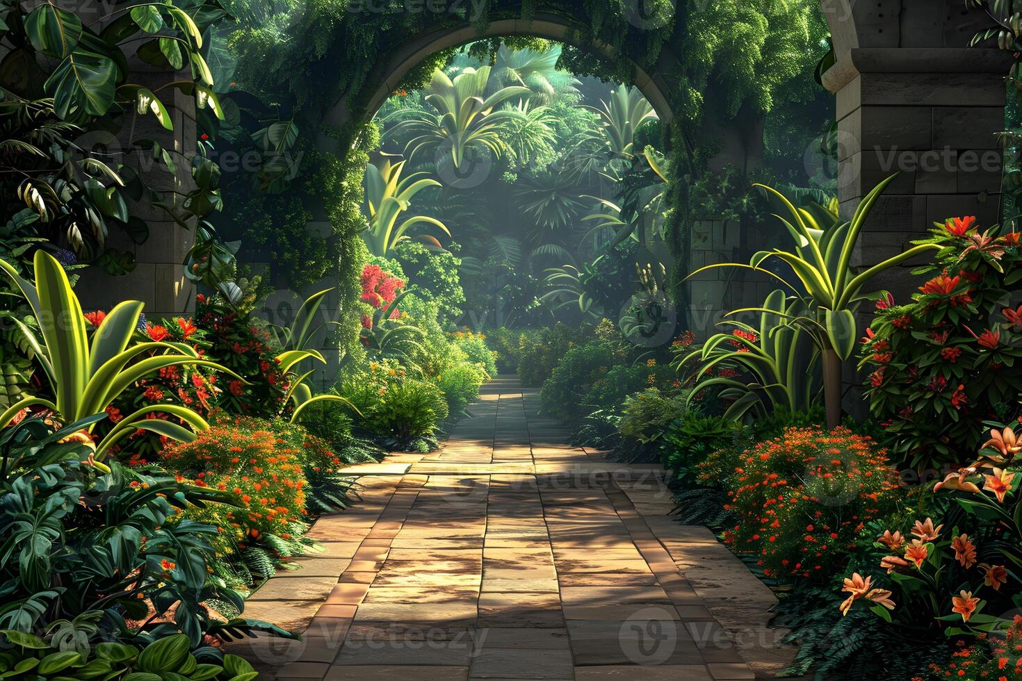 A view of a garden with a stone walkway and lush vegetation photo