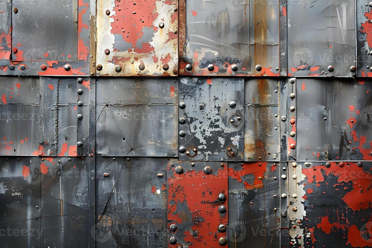 A weathered metal surface showing rust and peeling paint photo