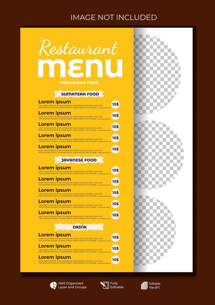 Food restaurant menu layout editable template, menu list cafe yellow modern template, list menu layout and food poster restaurant for dinner lunch breakfast menu template vector