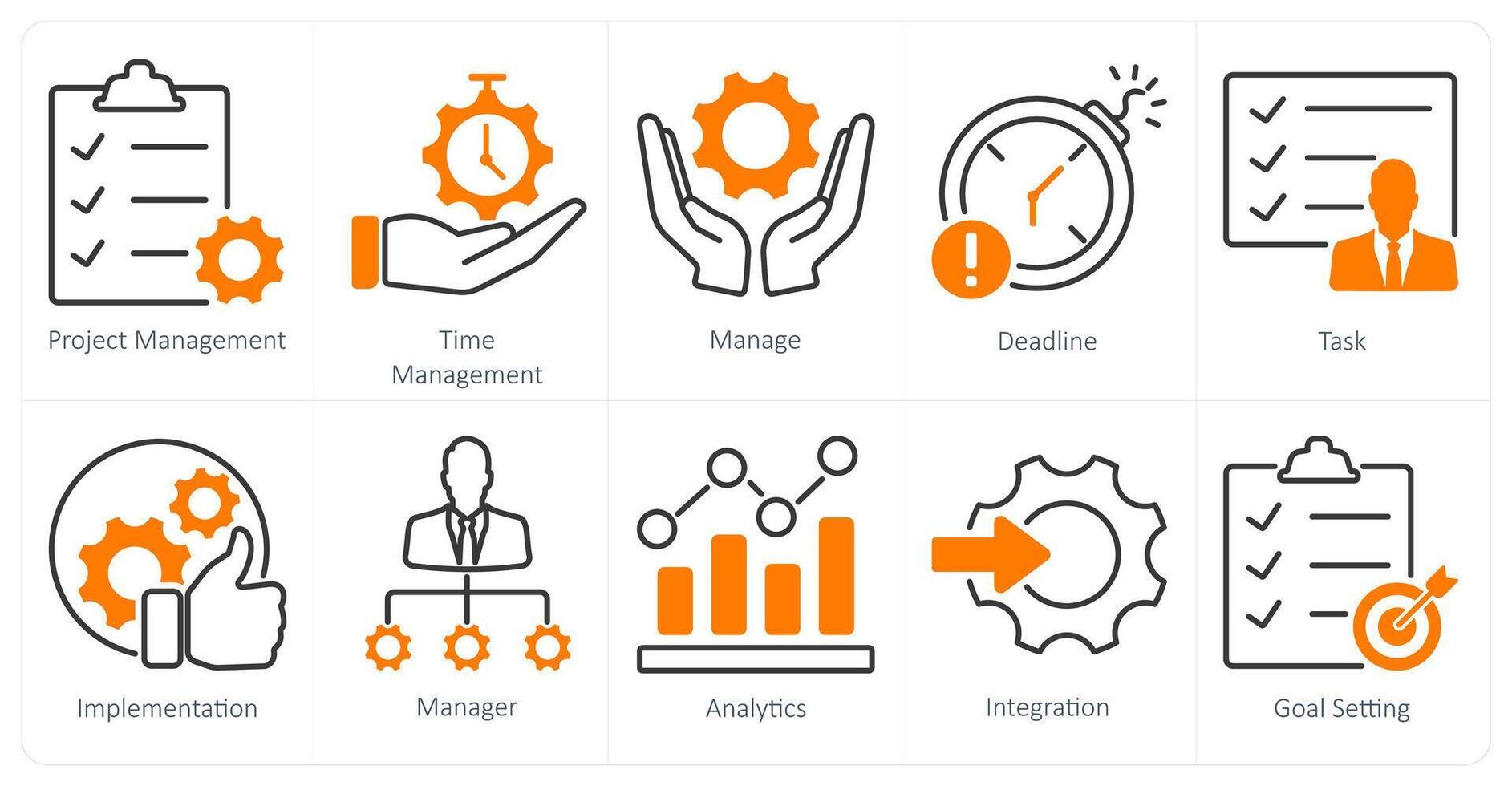 A set of 10 project management icons as project management, time management, manage vector