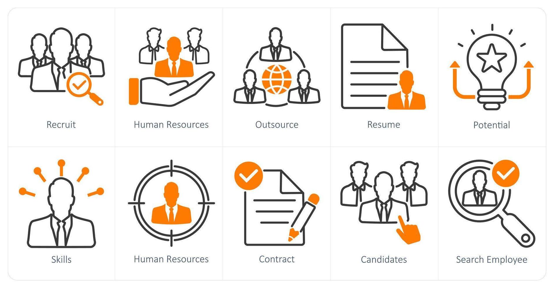 A set of 10 recruitment icons as recruit, human resources, outsource vector