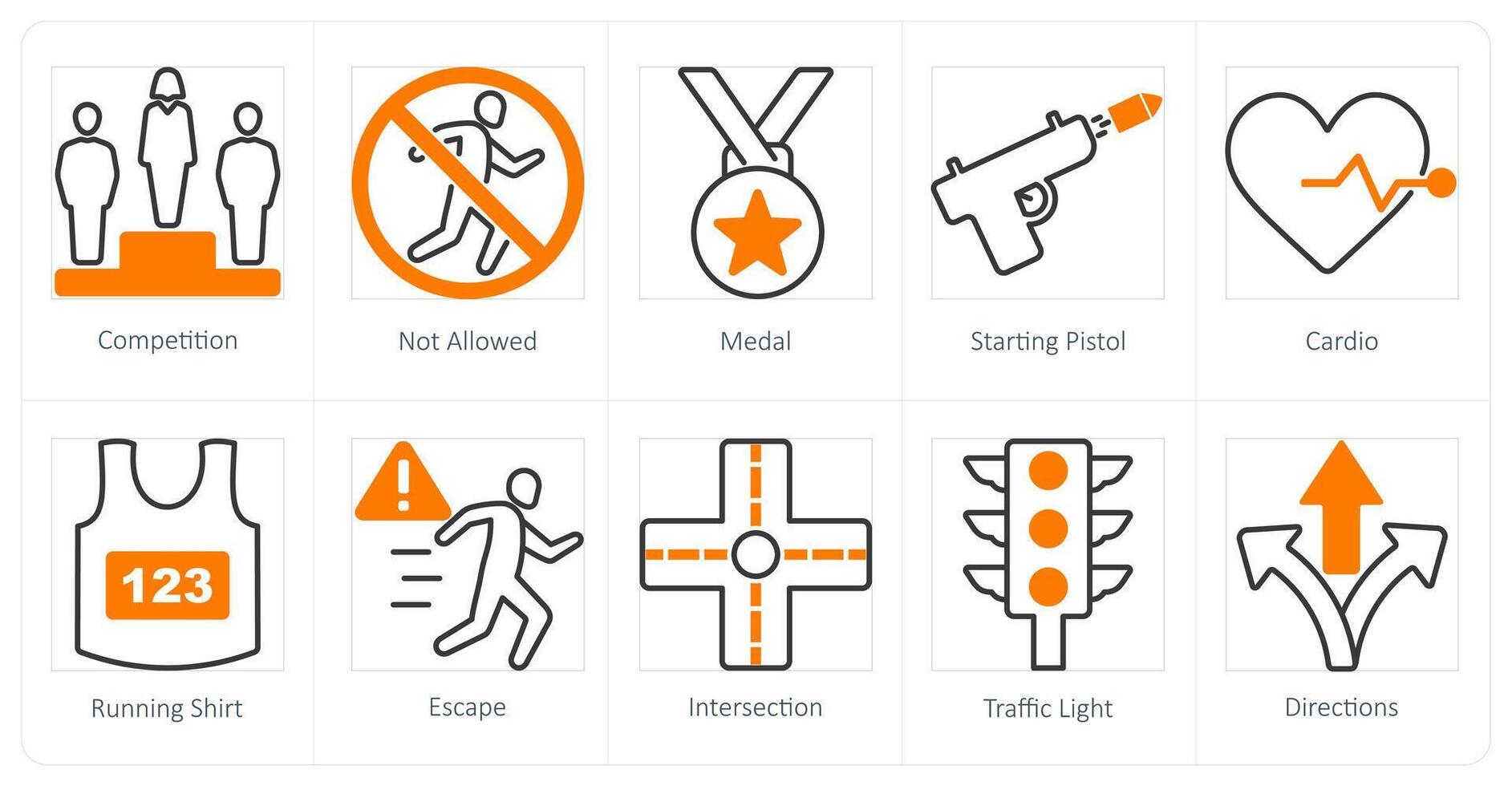competition, not allowed, medal, starting pistol, cardio, running shirt, escape, intersection, traffic light, directions, icon, , illustration, concept, design vector