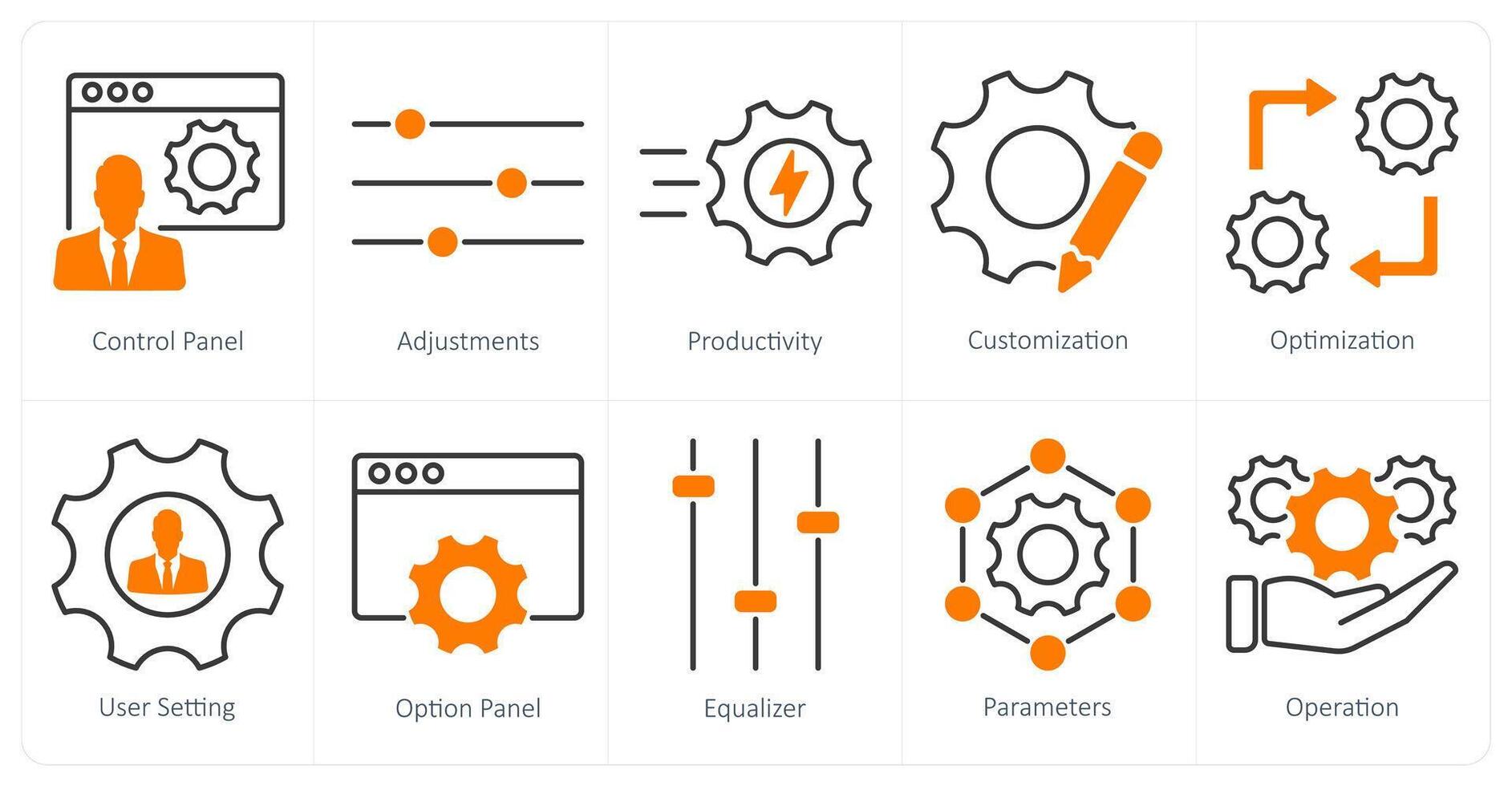 A set of 10 settings and configuration icons as control panel, adjustments, productivity vector
