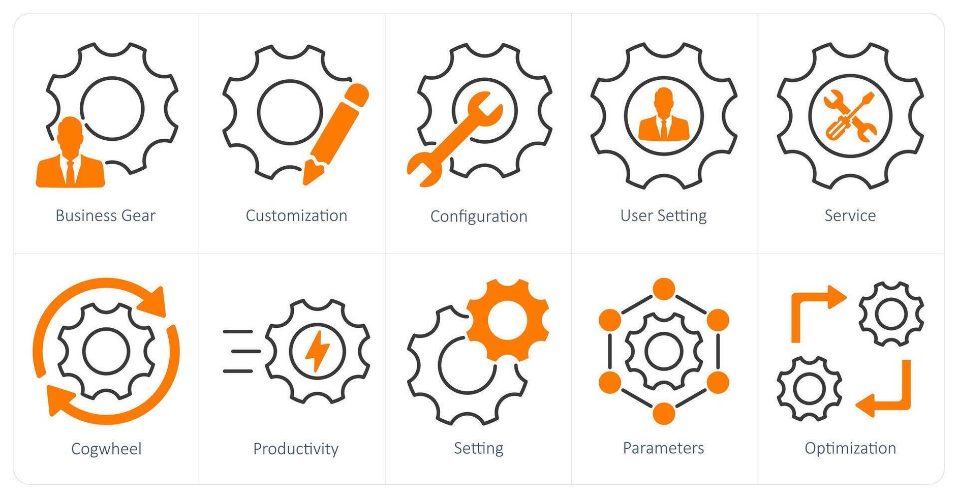 A set of 10 settings and configuration icons as business gear, customization, configuration vector
