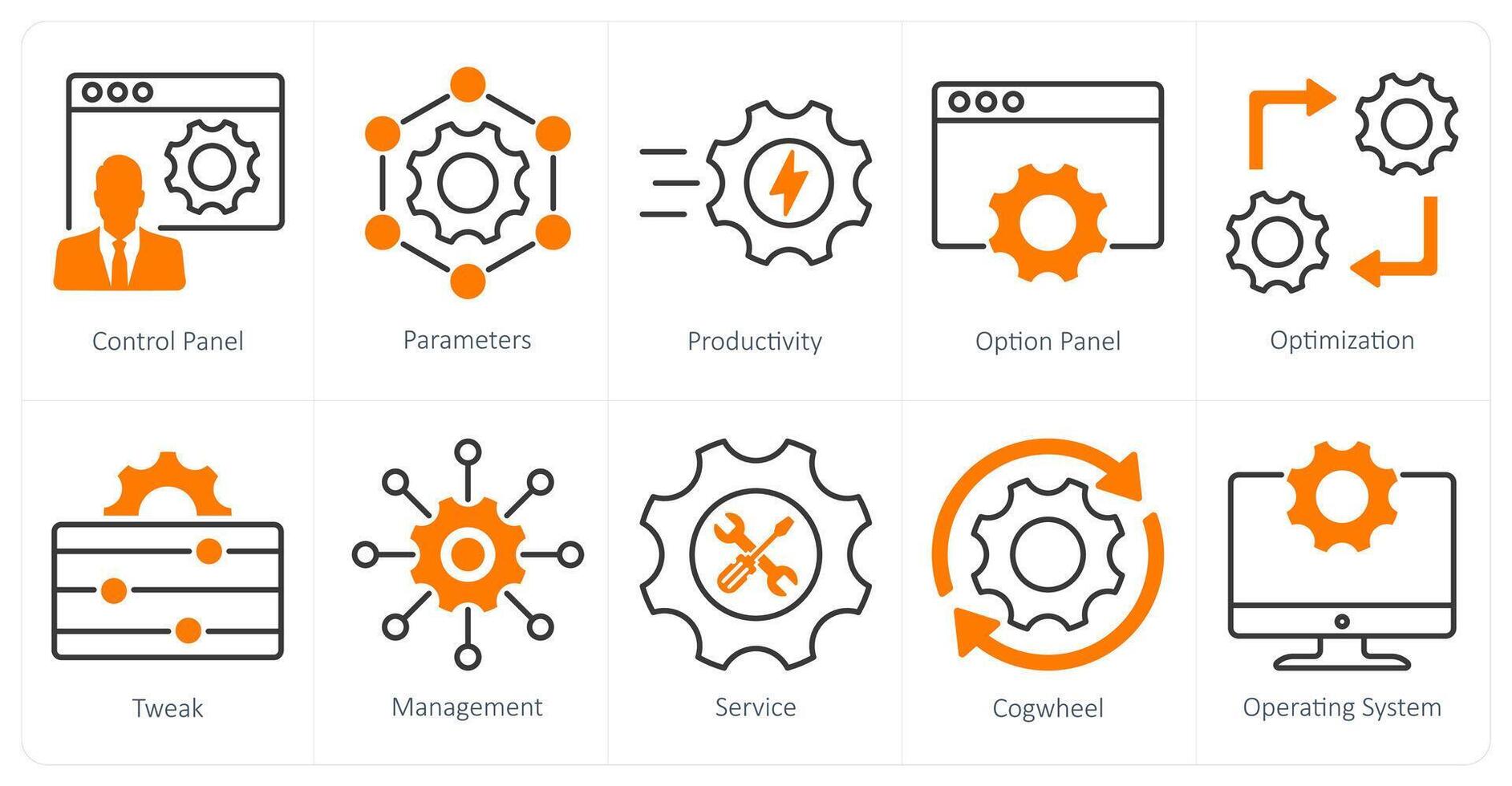 A set of 10 settings and configuration icons as control panel, parameters, productivity vector