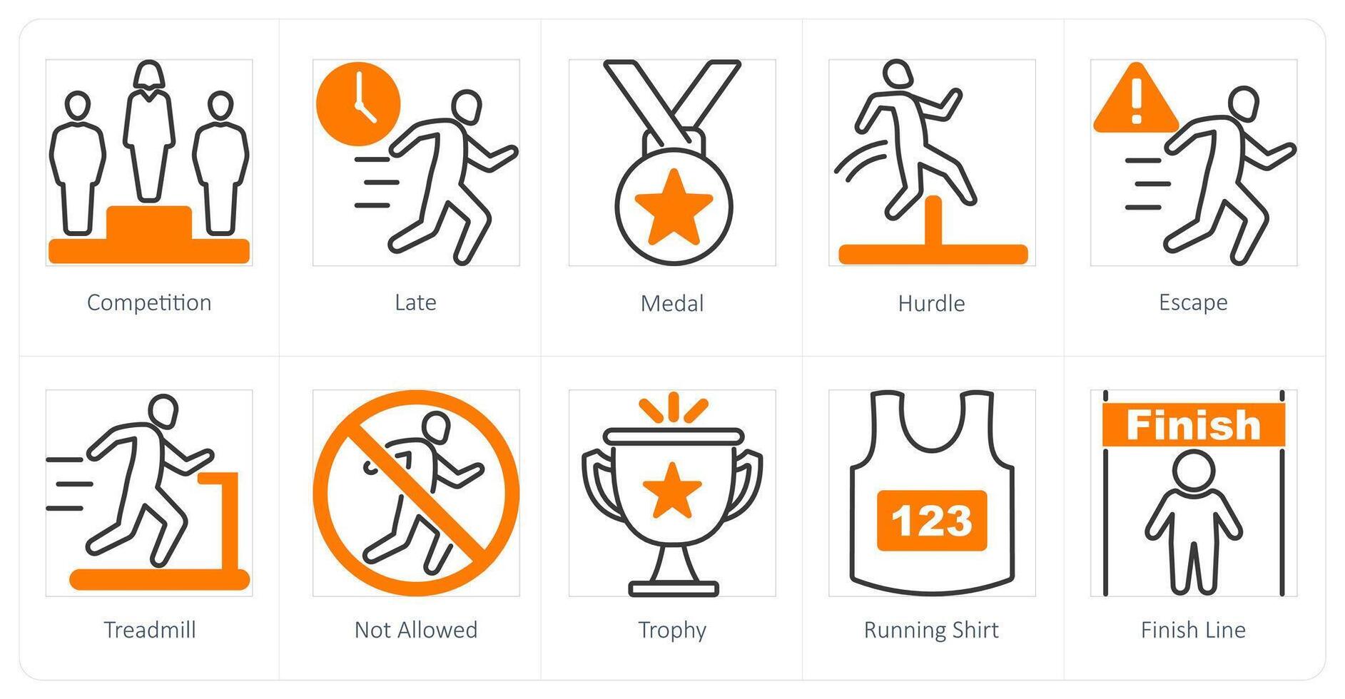 A set of 10 running icons as competition, late, medal vector