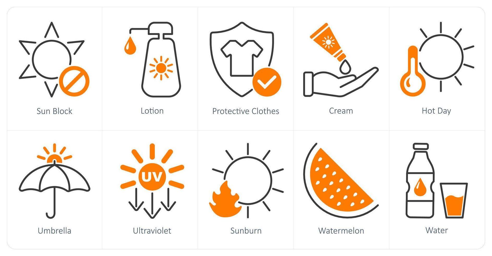 A set of 10 sun protection icons as sun block, lotion, protective clothes vector