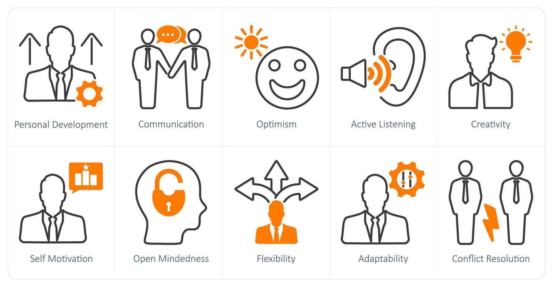A set of 10 soft skills icons as personal development, communication, optimism vector