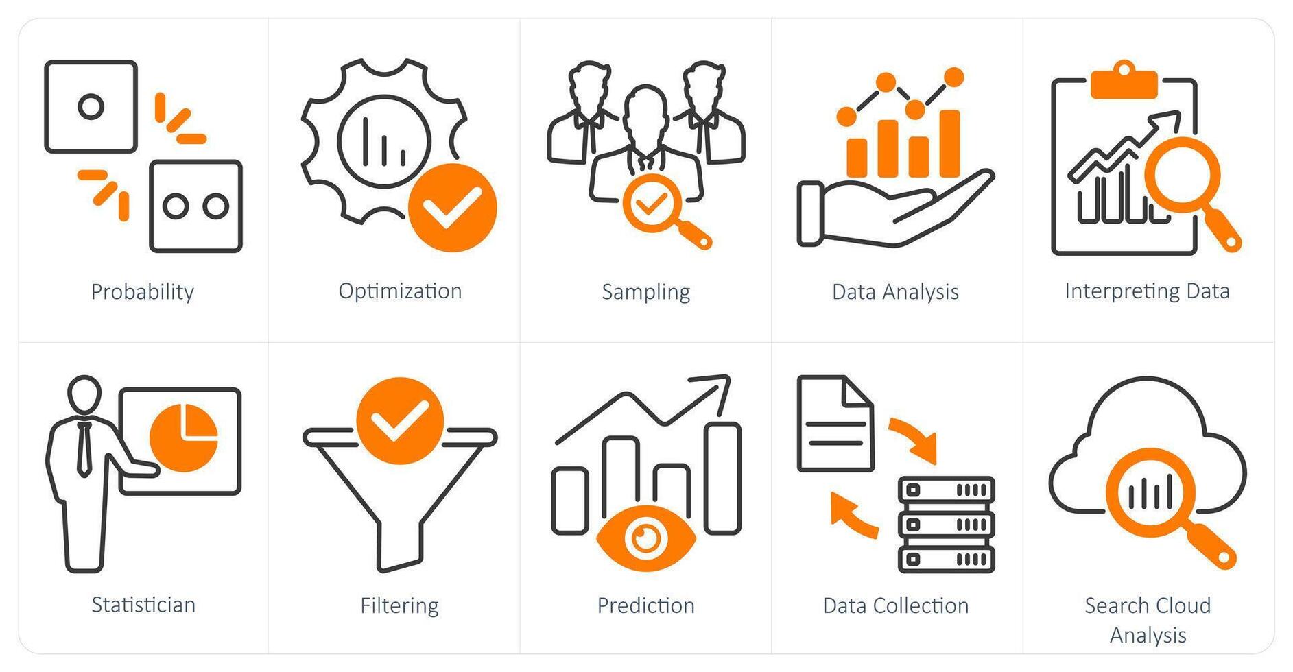 A set of 10 statistics icons as probability, optimization, sampling vector