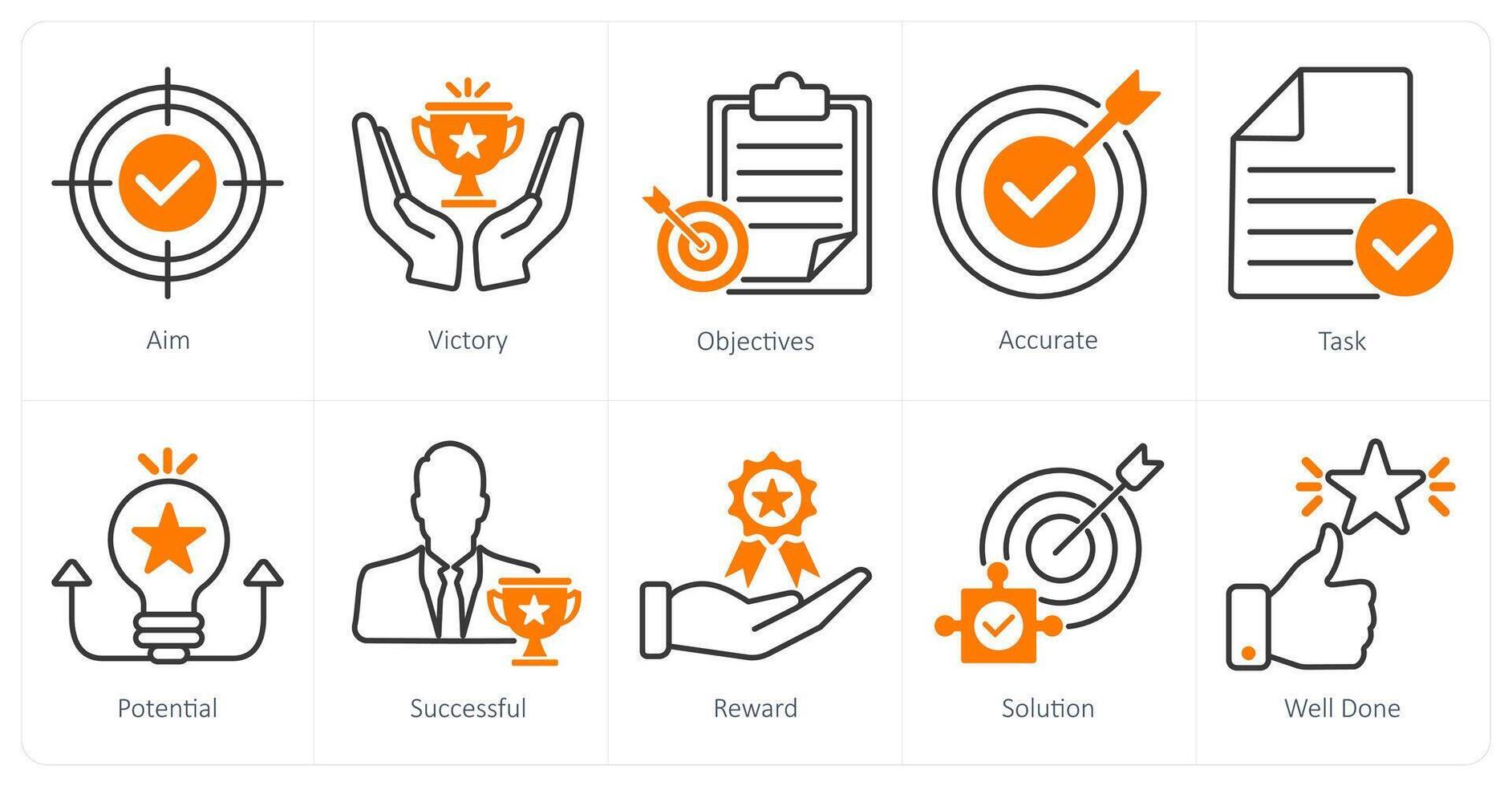 A set of 10 success icons as aim, victory, objectives vector