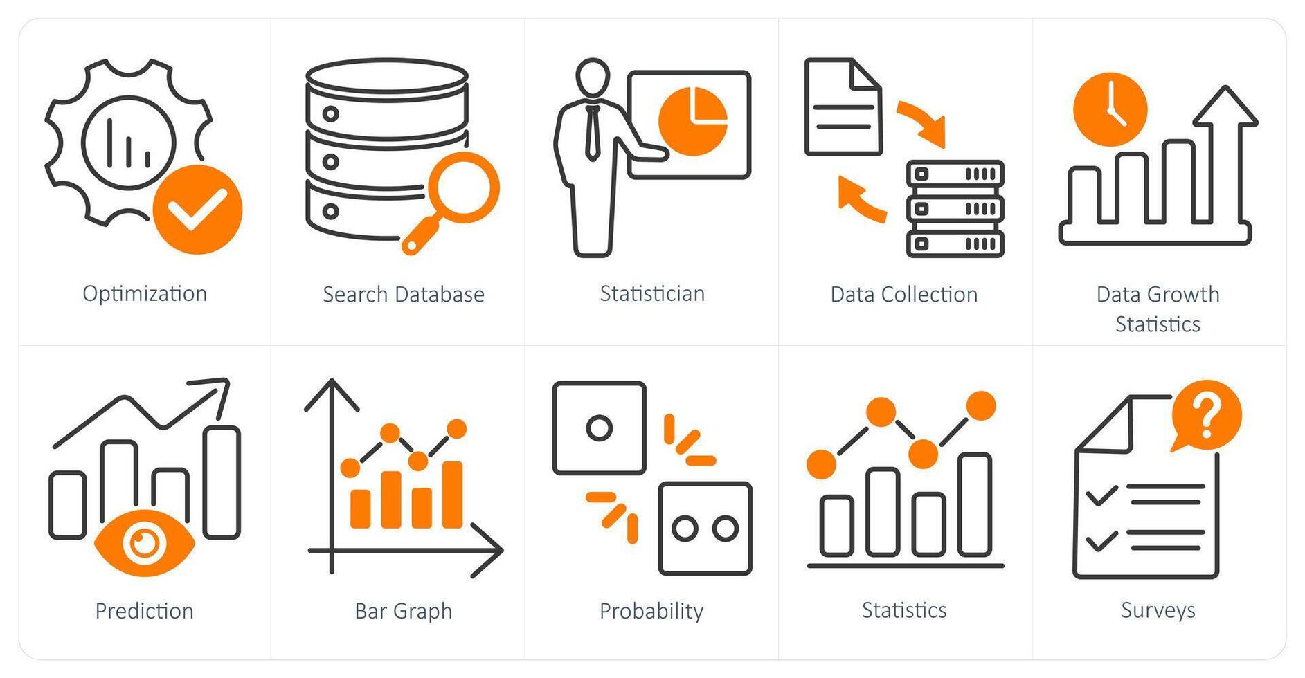 A set of 10 statistics icons as optimization, search database, statistician vector