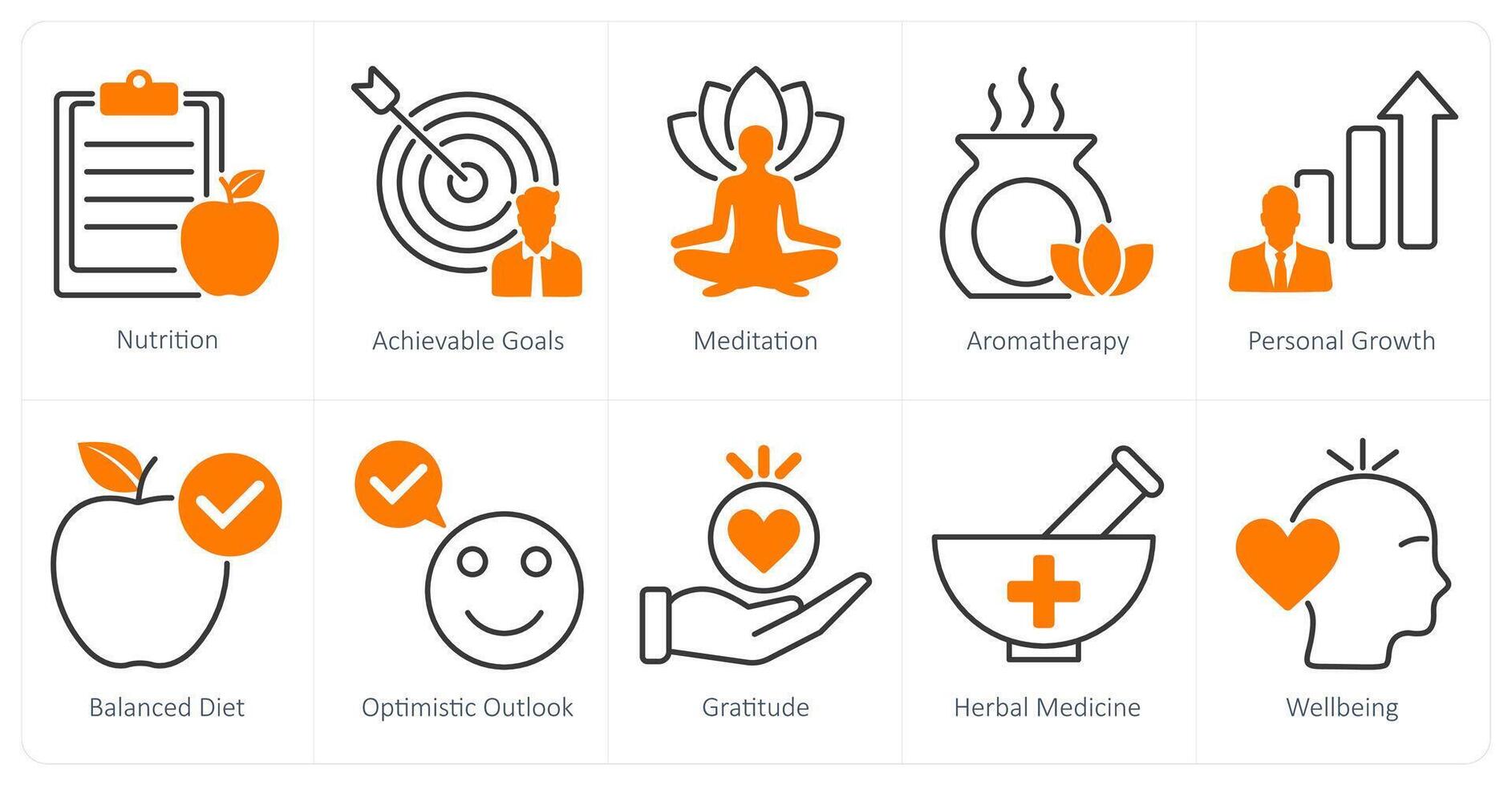 A set of 10 wellness icons as nutrition, achievable goals, meditation vector