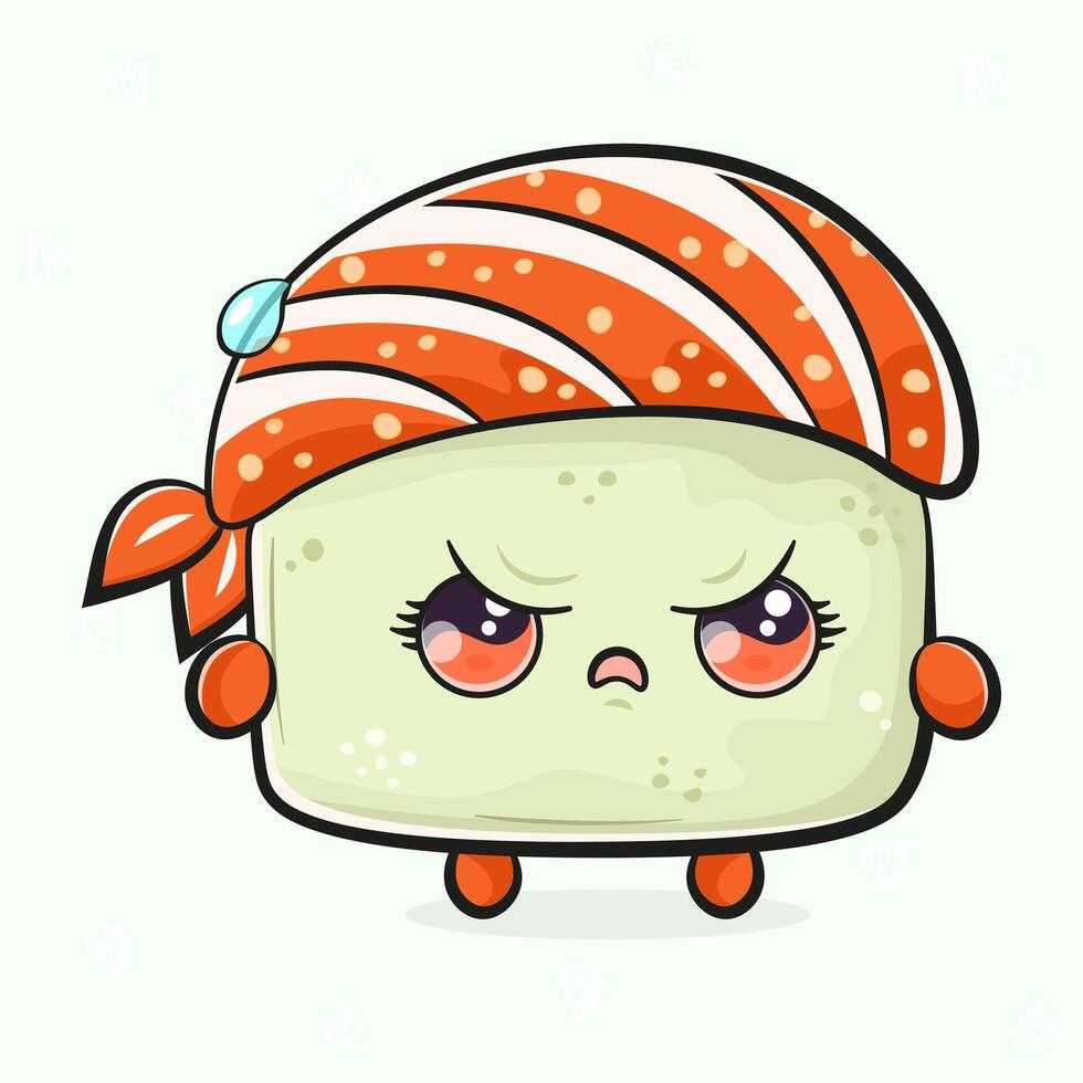 Cute angry Sushi character. Hand drawn cartoon kawaii character illustration icon. Isolated on light green background. Sad Sushi character concept vector