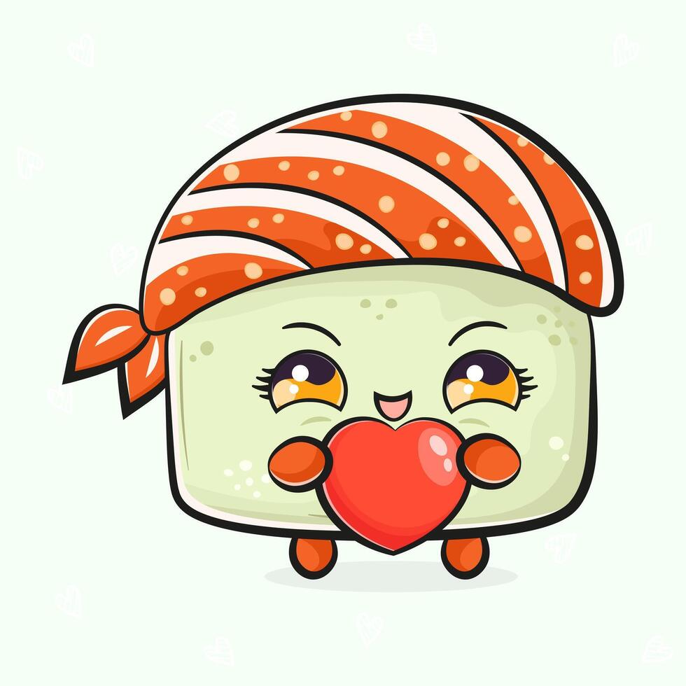 Cute funny Sushi with heart in hand. hand drawn cartoon kawaii character illustration icon. Isolated on light green background. Sushi character concept vector