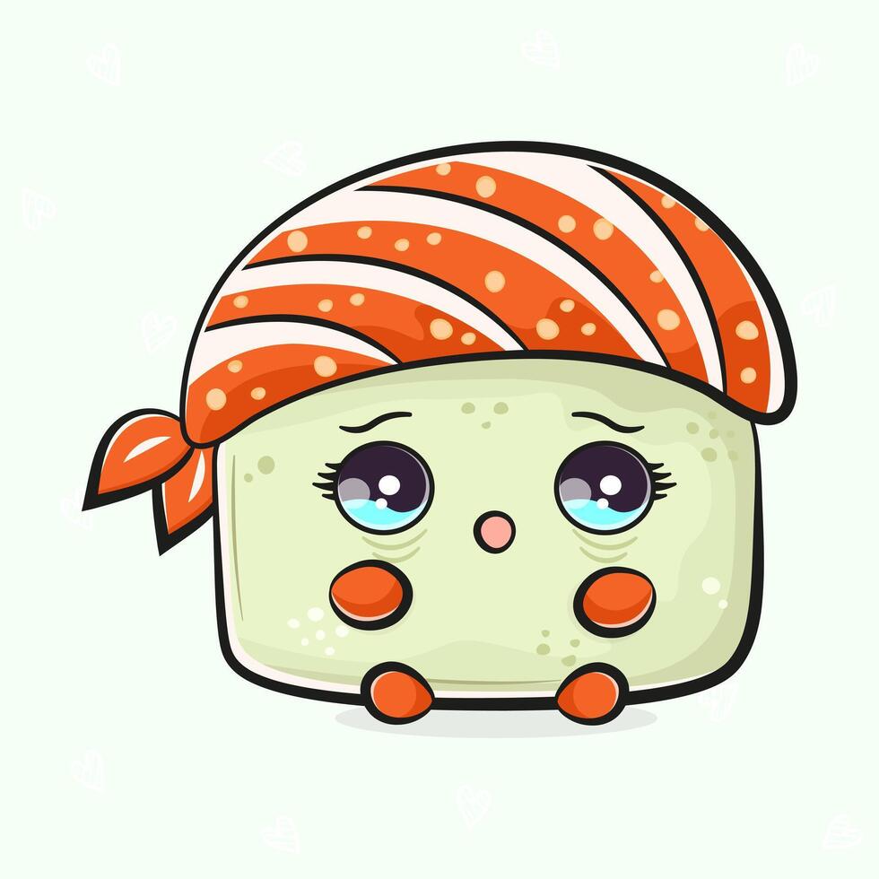 Scared Sushi character. Hand drawn traditional cartoon vintage, retro, kawaii character illustration icon. Isolated light green background. Cry Sushi character concept vector