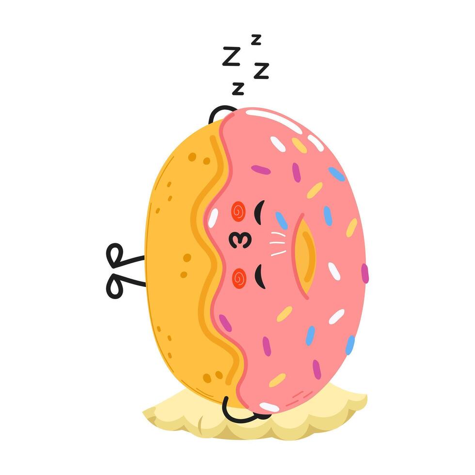 Doughnut sleeping character. Hand drawn cartoon kawaii character illustration icon. Isolated on white background. Doughnut sleep character concept vector