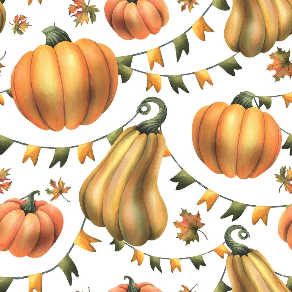 Orange autumn pumpkins with maple leaves and garland flags. Watercolor illustration, hand drawn. Seamless pattern on a white background. vector