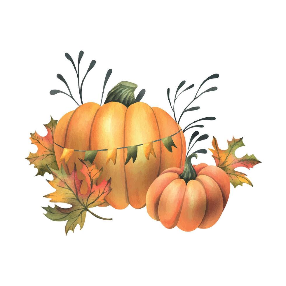 Orange autumn pumpkins with maple leaves and twigs. Watercolor illustration, hand drawn. Isolated composition on a white background. vector