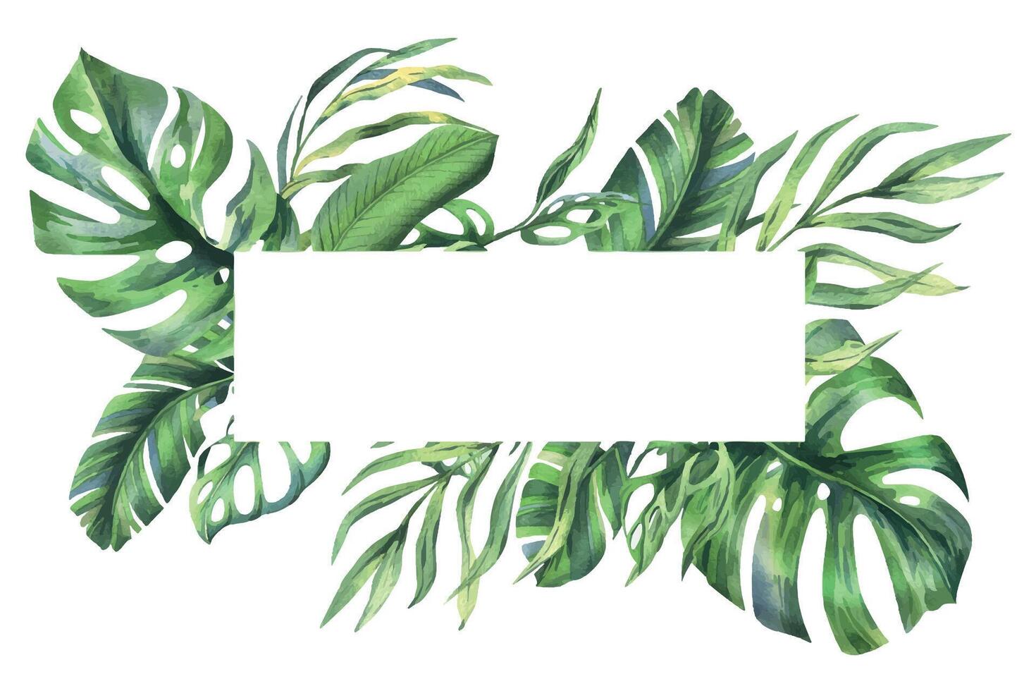 Tropical coconut, banana palm leaves, monstera, monkey mask, frangipani, bright juicy green. Hand drawn watercolor botanical illustration. Frame, template isolated from background vector