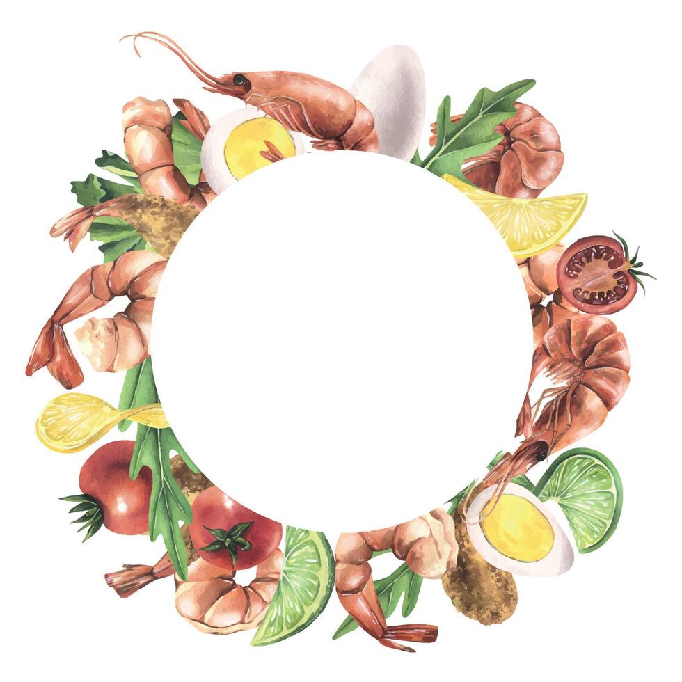 Round frame, wreath empty template with white background for text, information with shrimp, greens, vegetables and eggs. Watercolor illustration hand drawn. For menus, recipes, cooking. vector
