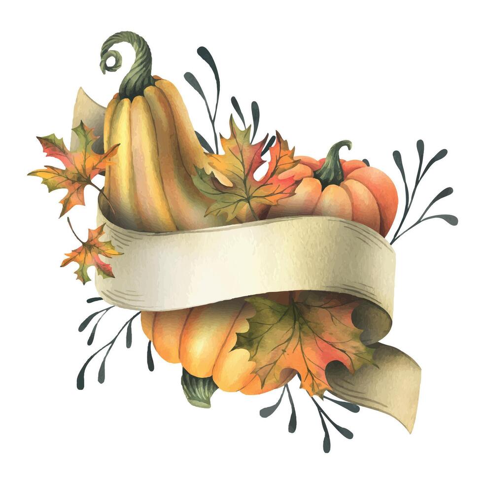 Orange autumn pumpkins with maple leaves, twigs and paper roll blank template for text. Watercolor illustration, hand drawn. Isolated composition on a white background vector
