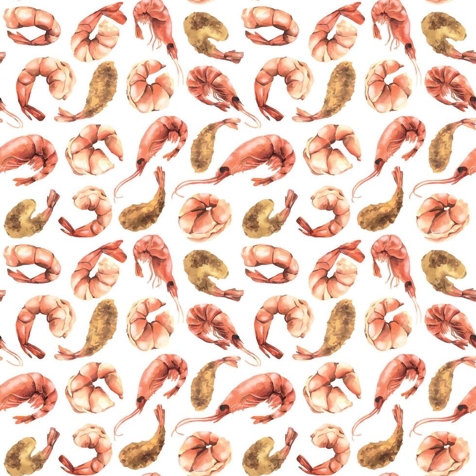 Boiled and fried peeled and unpeeled shrimp. Watercolor illustration. Seamless pattern on a white background from the SHRIMP collection. For the design and design of menus, recipes, packaging. vector