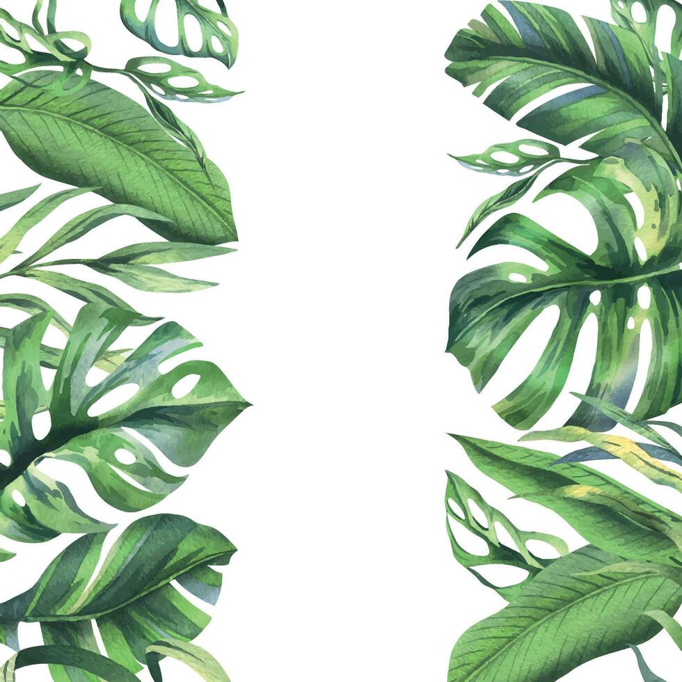 Tropical coconut, banana palm leaves, monstera, monkey mask, frangipani, bright juicy green. Hand drawn watercolor botanical illustration. Frame, template isolated from background vector