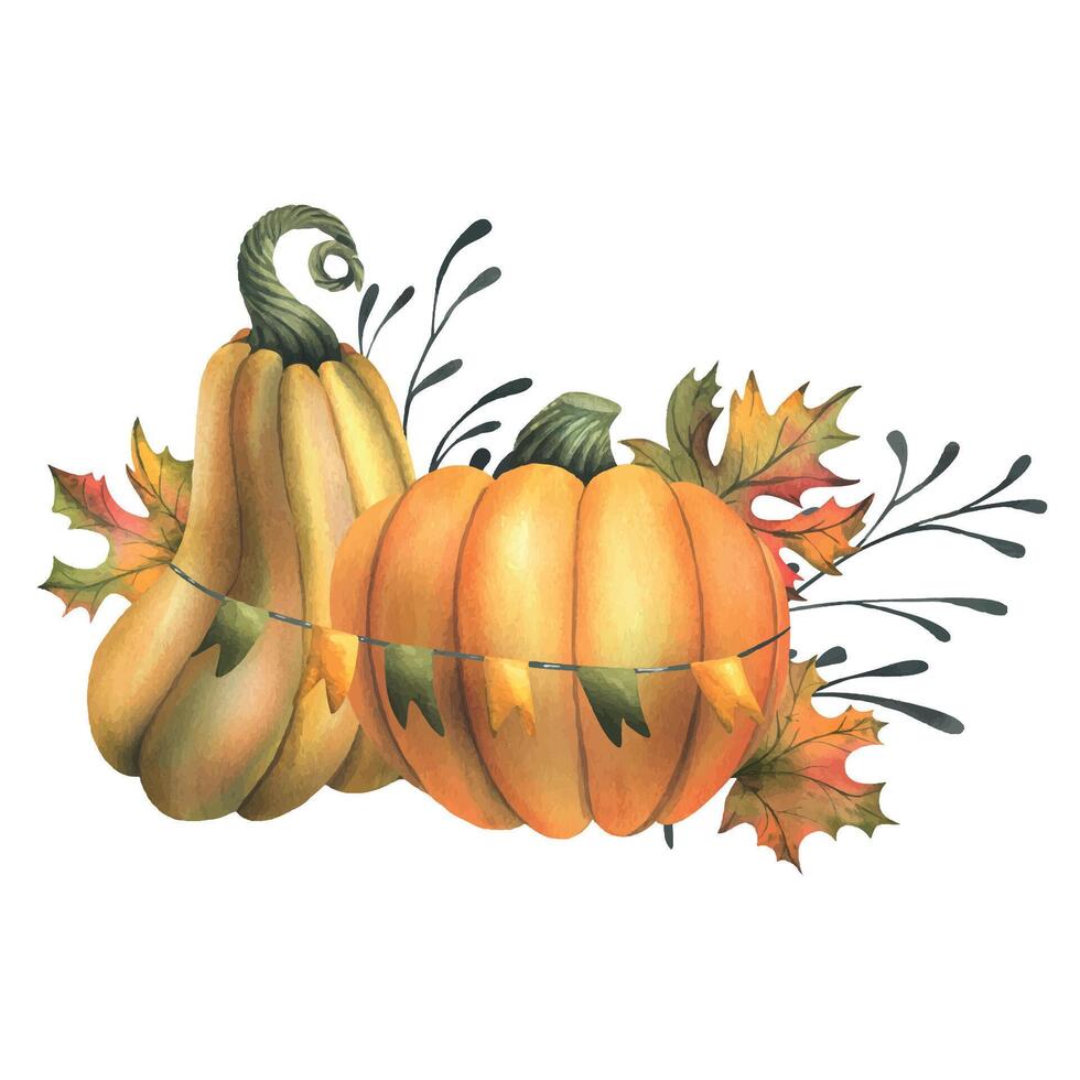 Orange autumn pumpkins with maple leaves and twigs. Watercolor illustration, hand drawn. Isolated composition on a white background vector