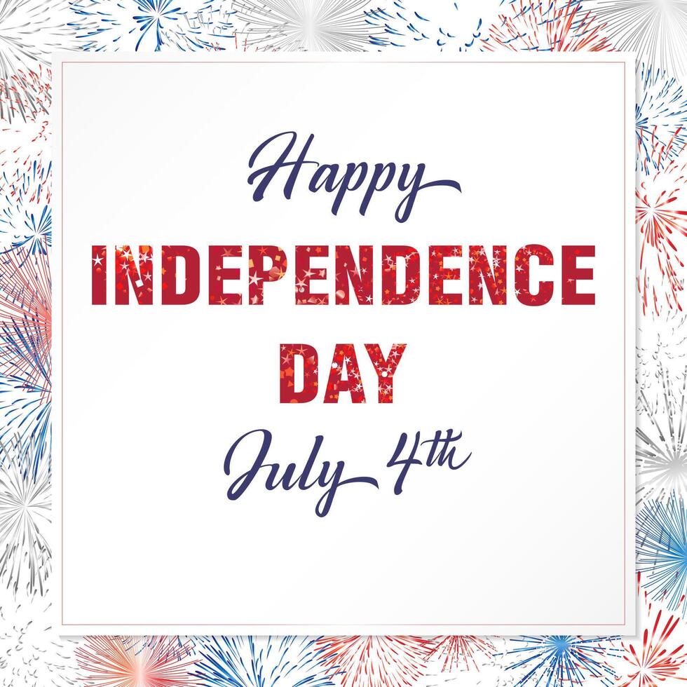 Happy Independence Day USA square banner. Holiday frame with fireworks and clipping mask. vector