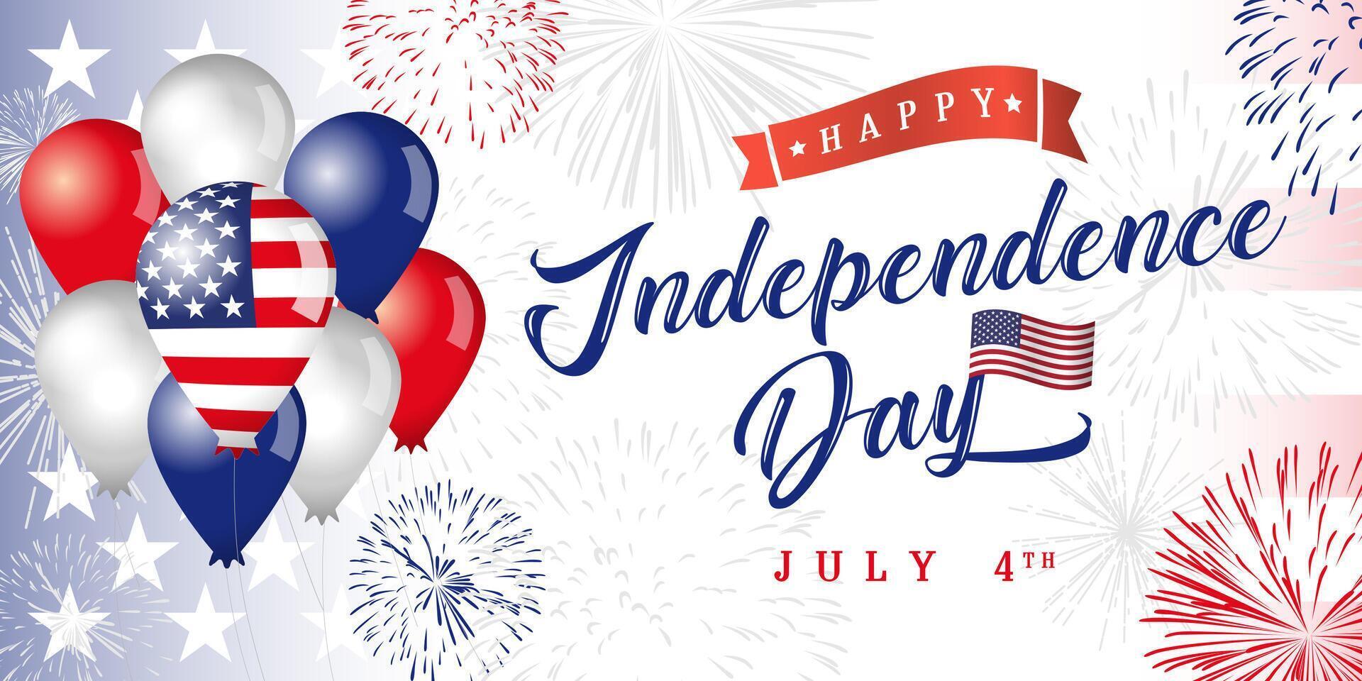 Happy Independence Day USA horizontal banner with festive backdrop and 3D balloons vector