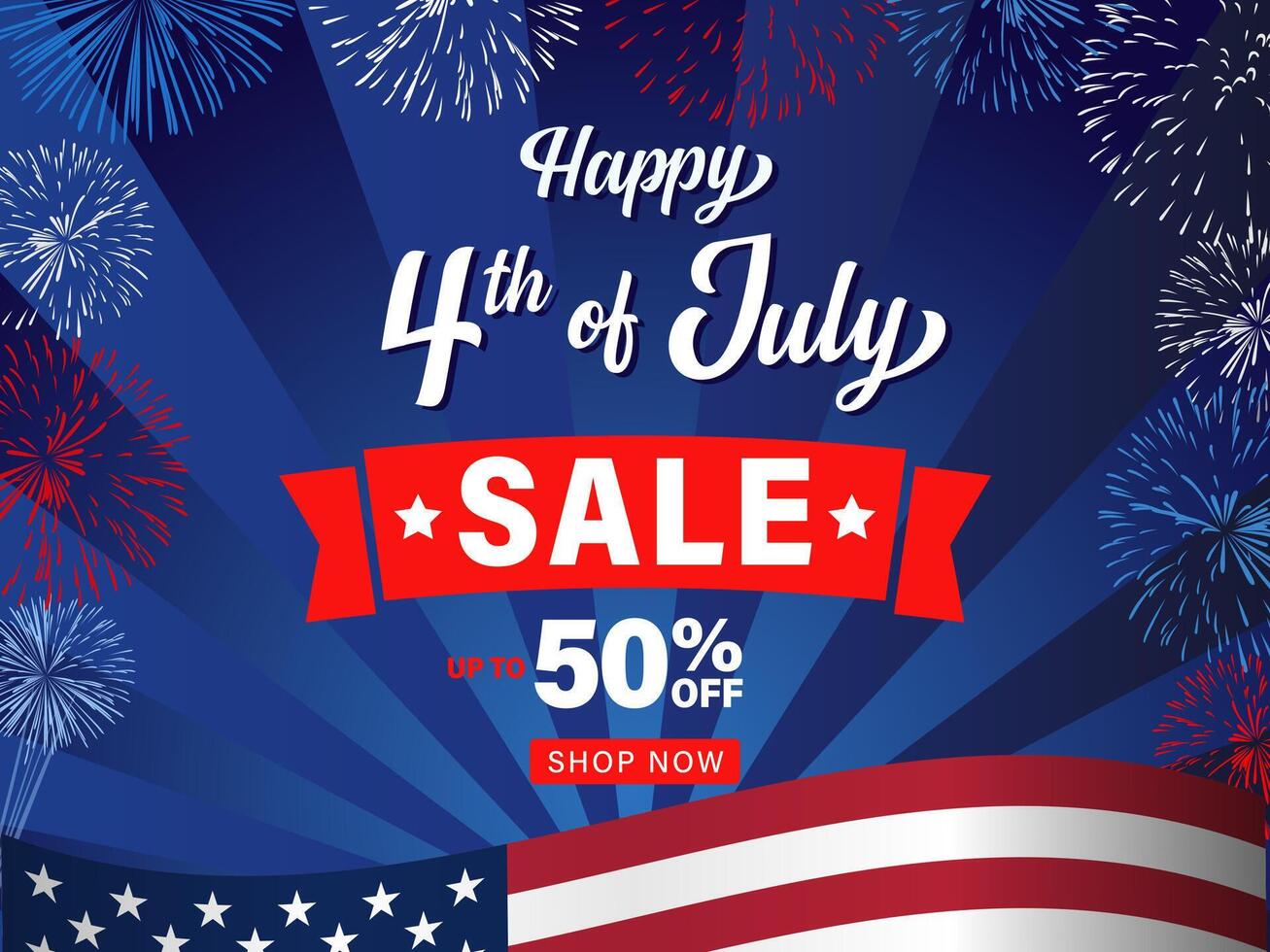 Happy 4th of July Sale banner, up to 50 percent off promotion. 3D design elements vector