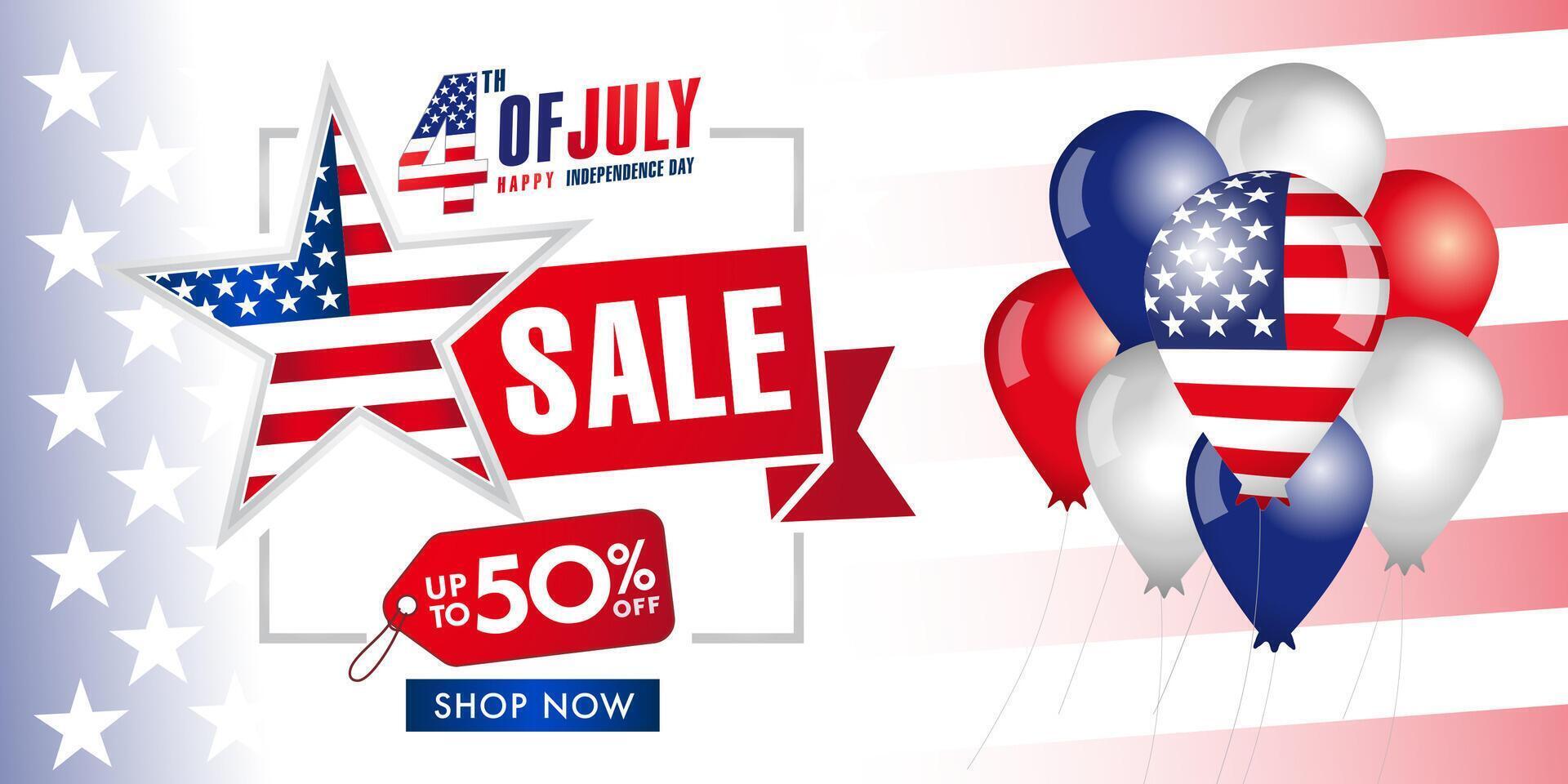 Independence day of USA sale banner with 3D balloons and US flag background vector