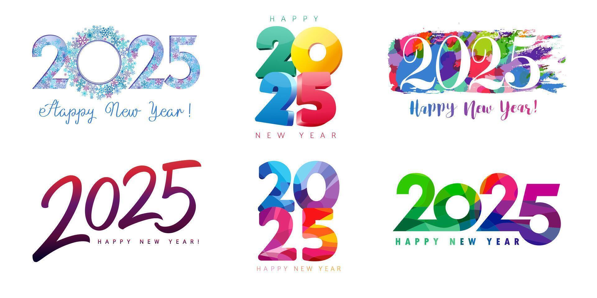 Happy New Year logo collection. Set of 2025 graphic greetings. 3D and colorful design vector