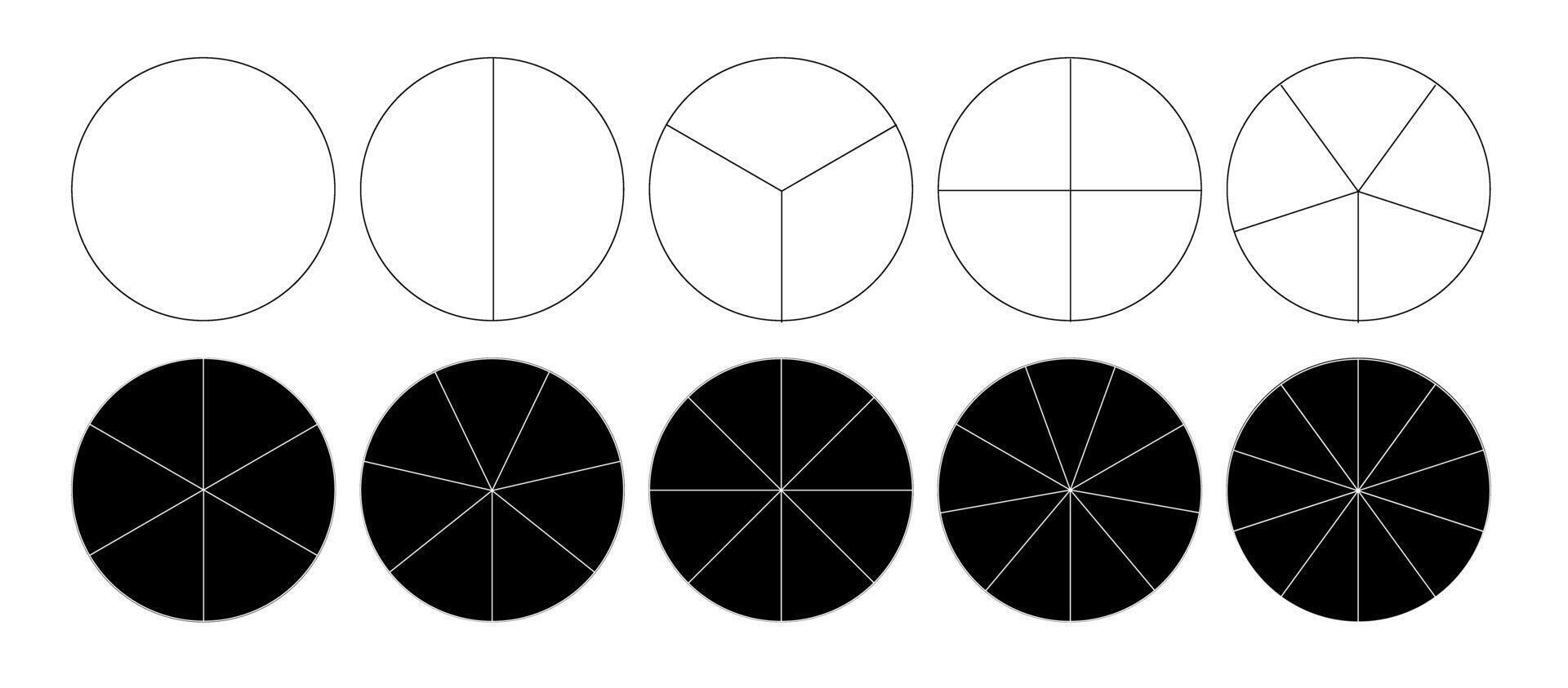 Segmented circles isolated on a white background. A different number of sectors divides the circle into equal parts. vector