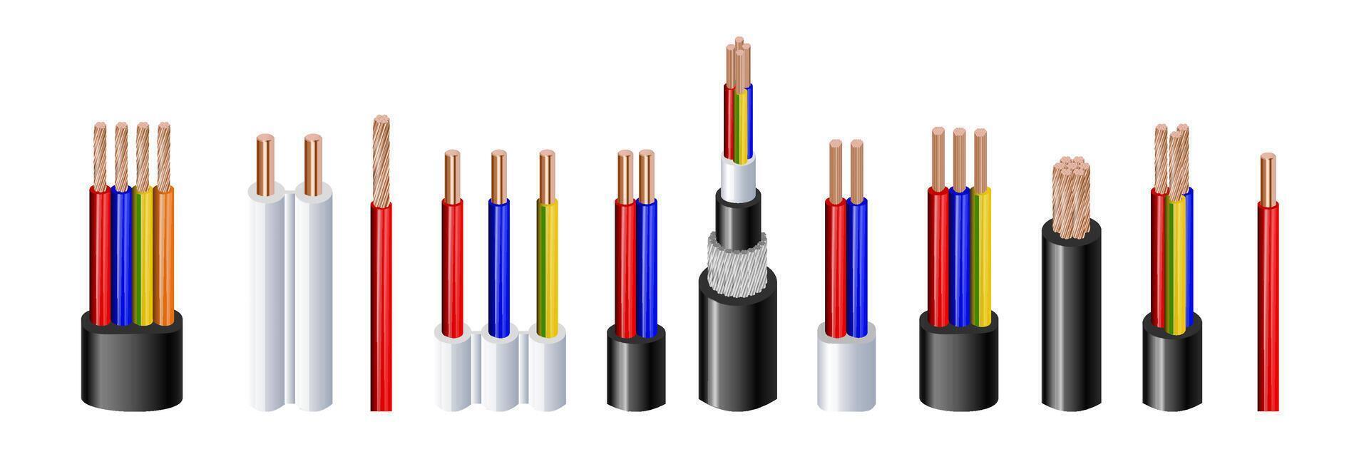 Various types power, acoustic cables with electrical wire conductors held together with overall sheath realistic set illustration. Shielded and with additional insulation vector