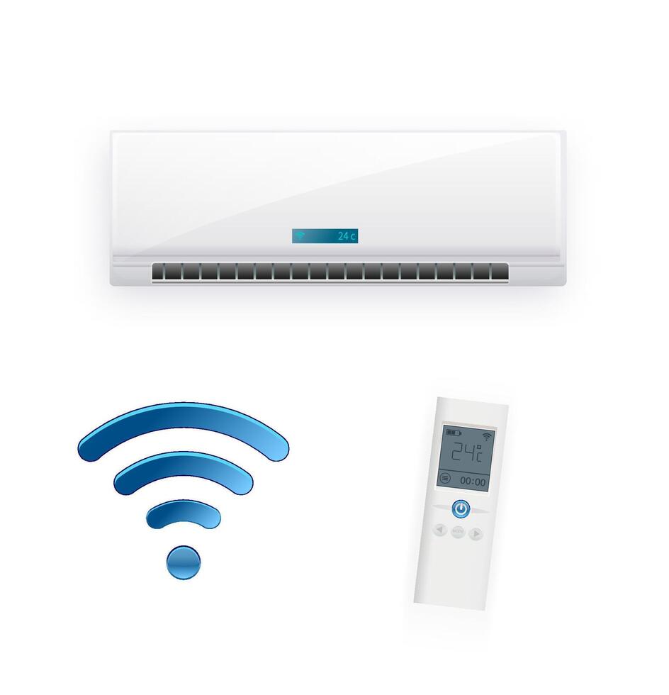 Air Conditioner System With Remote Control . Cooling And Heating Block Of Conditioner. Climate Electronic Technology Equipment Template. vector