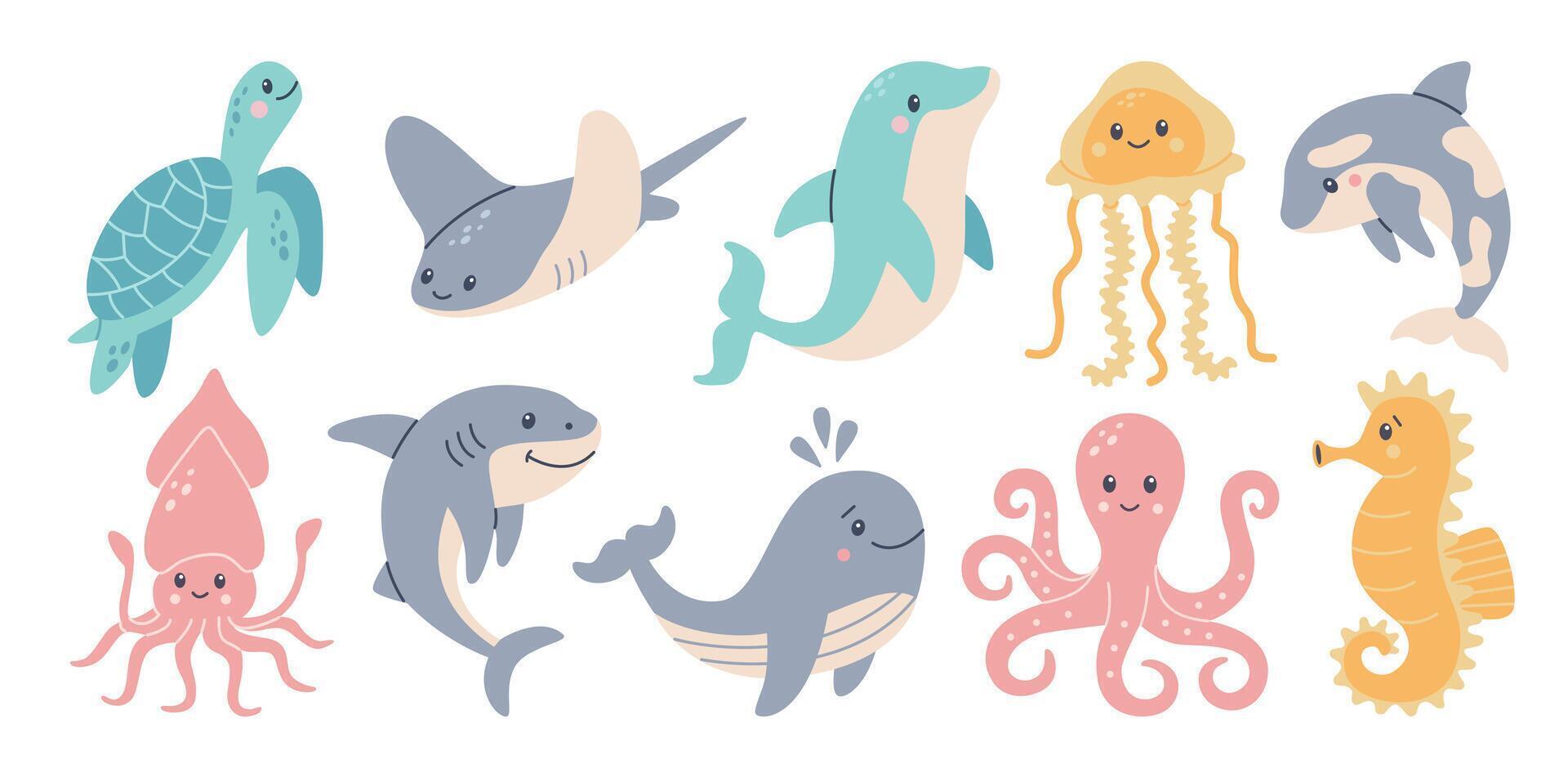 Set of hand drawn ocean creatures. Cartoon Sea animals. Doodle style set of sea life objects for design. Illustration isolated on white background vector