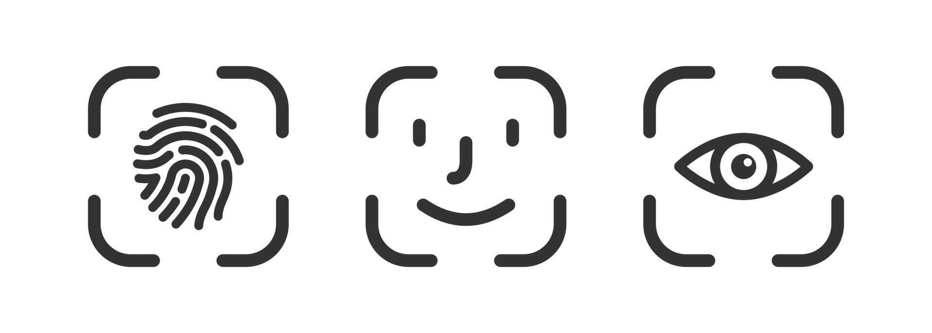 Finger, face, eye scan icon set. Fingerprint id. Person identification. Biometric security. Recognition technology. Human verification. vector